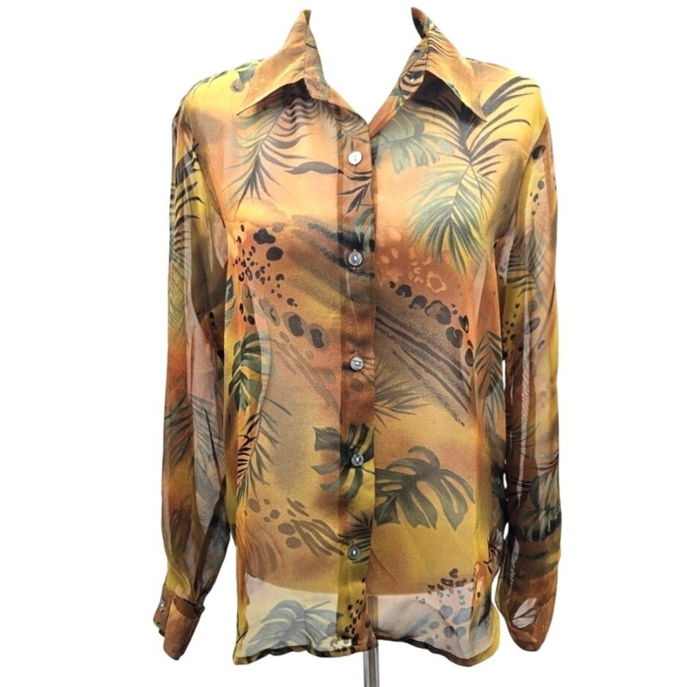Jordan Womens Sheer Tropical Palm Animal Print Button Down Blouse Orange Medium